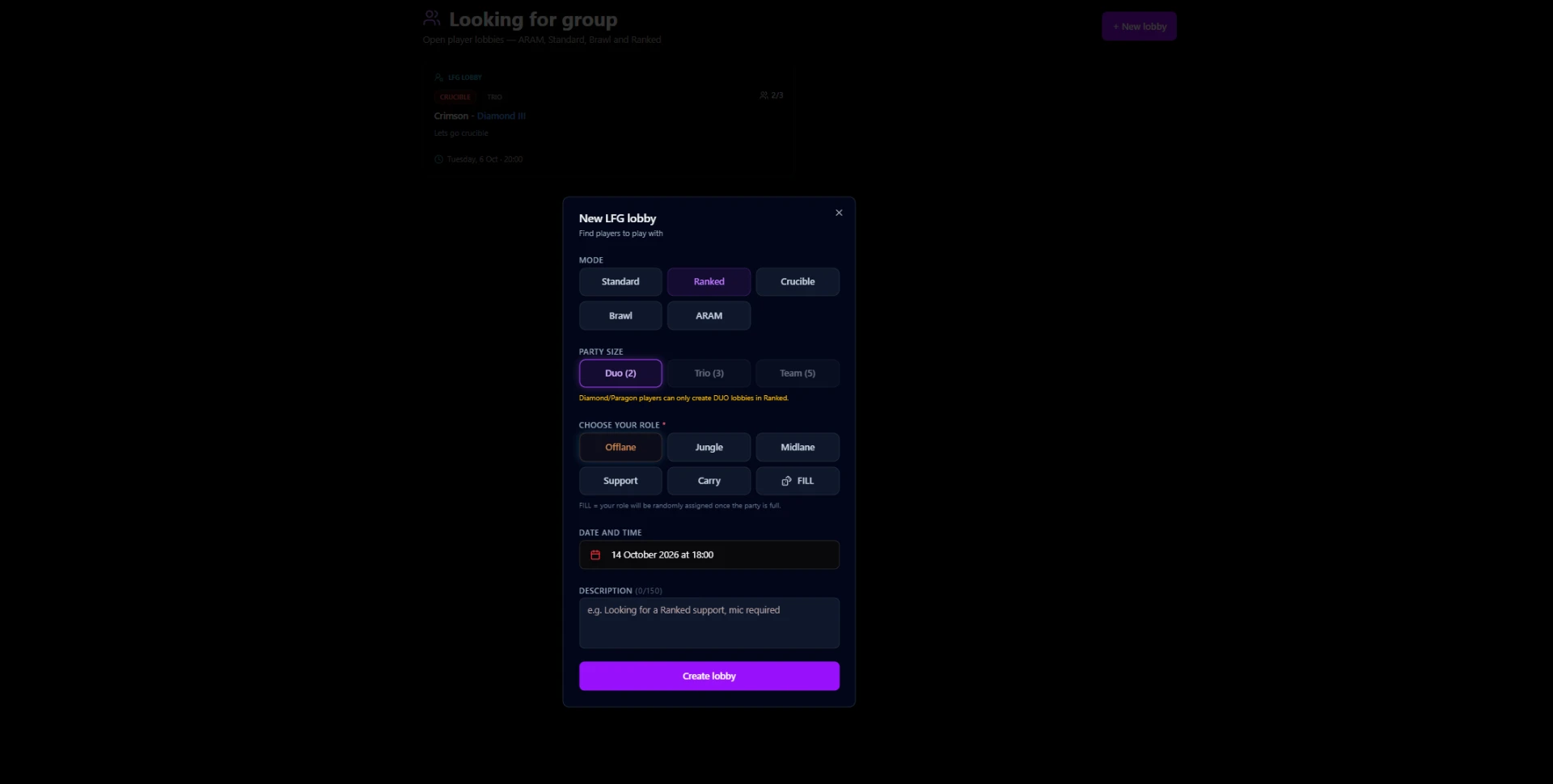 Okno tworzenia lobby LFG